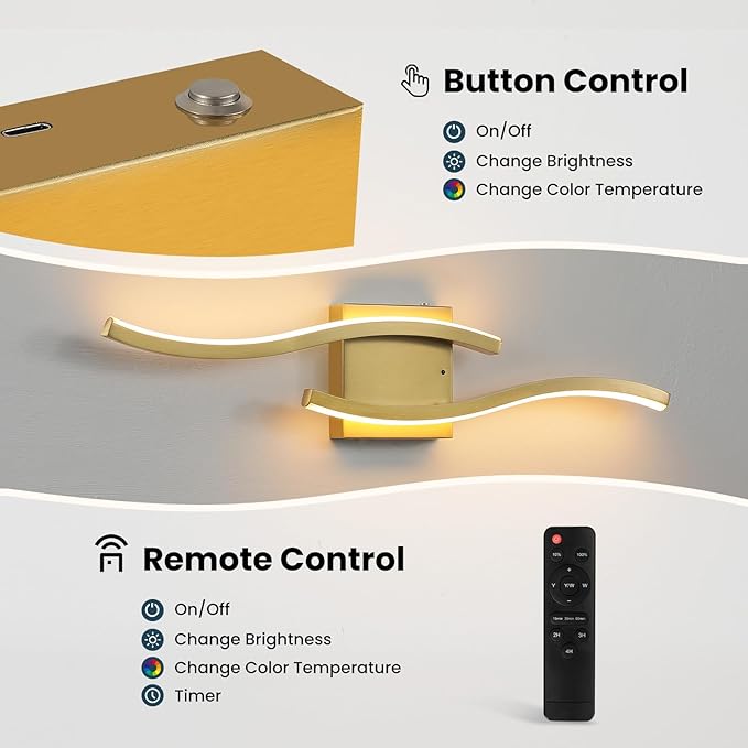 WOSHITU Gold Battery Operated Wall Sconces: 23.6 Inch Rechargeable Wall Sconce Set of 2 with Remote Control 3CCT Dimmable Wall Light Modern Cordless Wall Lamp for Bedroom Living Room Hallway Bathroom