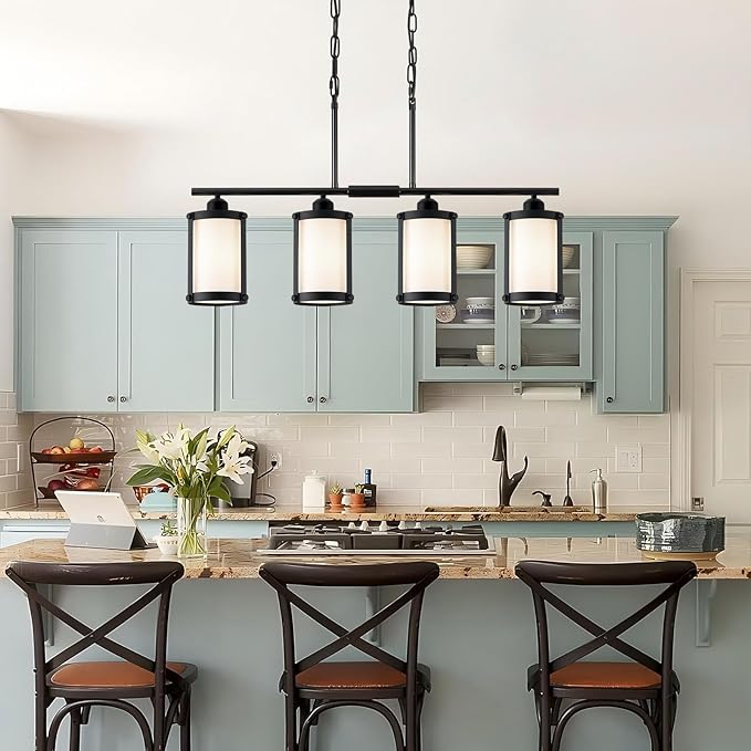 4-Light Kitchen Island Lighting, Black Linear Dining Room Light Fixtures with Frosted Glass and Chain, Modern Farmhouse Chandelier Pendant Light for Kitchen Island Dining Room, OS-3014-4ISBKW