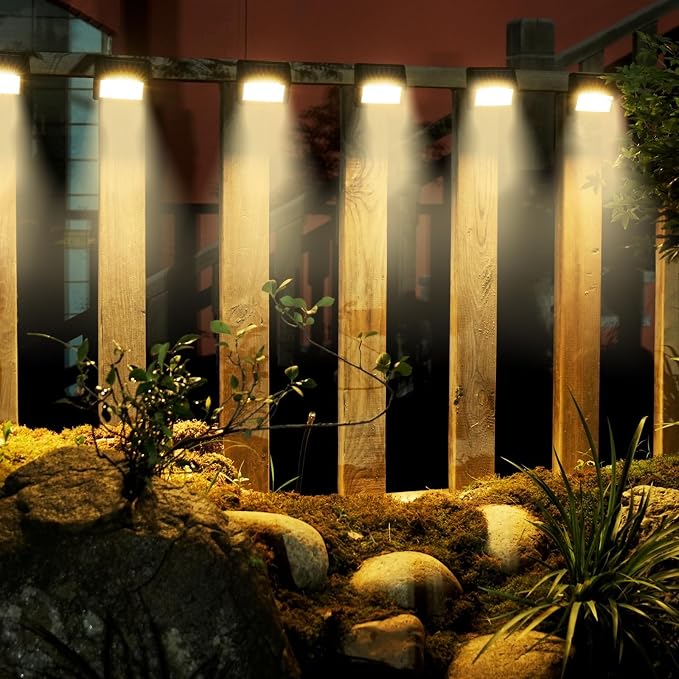 Bright Solar Fence Lights, 6 Pack Outdoor Step Lights, IP65 Waterproof, 3000K Warm-White, Dusk to Dawn Outdoor Lighting with 6 LED for Wall, Garage, Patio, Exterior, Porch