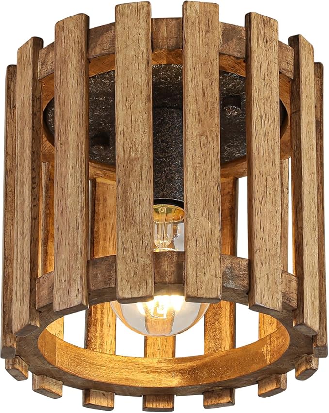 Rustic Farmhouse Ceiling Light, Wood Cage Mini Flush Mount Light, Hallway Light Fixtures for Entryway for Kitchen, Dining Room, Brown