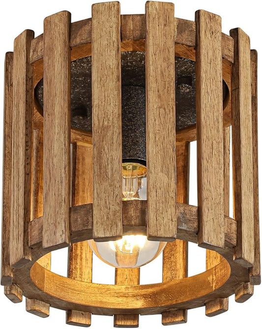 Rustic Farmhouse Ceiling Light, Wood Cage Mini Flush Mount Light, Hallway Light Fixtures for Entryway for Kitchen, Dining Room, Brown
