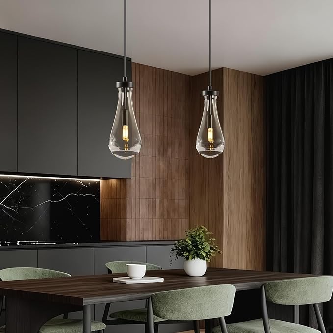 Raindrop Pendant Lights Kitchen Island: Set of 2 Rain Crystal Black Teardrop Hanging Light Fixtures over Dining Table - Modern Glass Tear Drop Ceiling Pendants Chandelier Bar Bedroom Bathroom Lighting