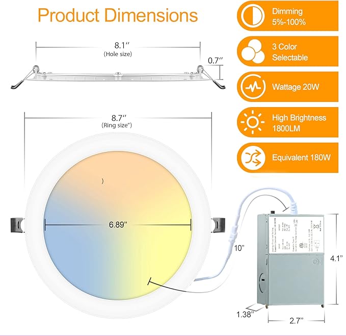 LZHOME 8 Inch Recessed LED Light: 18 Packs Ultra Thin LED Recessed Lighting with Junction Box, 3000K/4500K/6000K Selectable, 2700K-5000K, High Brightness 1800LM Dimmable Canless LED Downlight