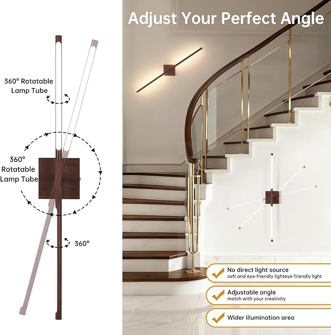 Shenmoyl Battery Operated Wall Sconce Set of 2, 10400mAh Rechargeable Wall Sconces, 3000K-6000K Dimmable, 350°Rotate, Indoor Wall Lights for Bedroom Living Room Bathroom, Black Walnut, 31.5 Inch