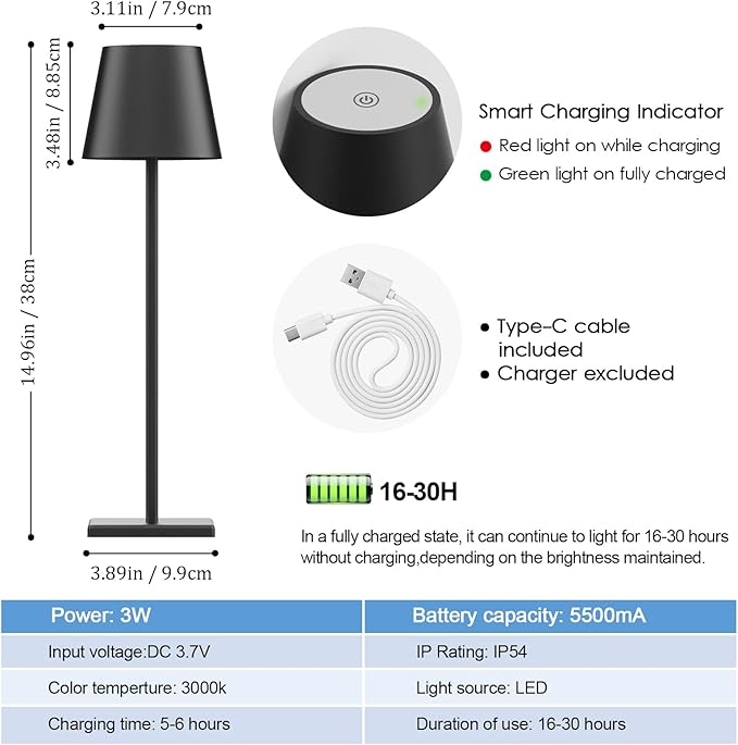 4-Pack LED Rechargeable Table Lamp, Battery Desk lamp 3W 5000mAh Battery Operated Stepless Dimming Modern Portable Table Light for Restaurant/Dinner/Bedroom/Outdoor IP54 Waterproof (Black)