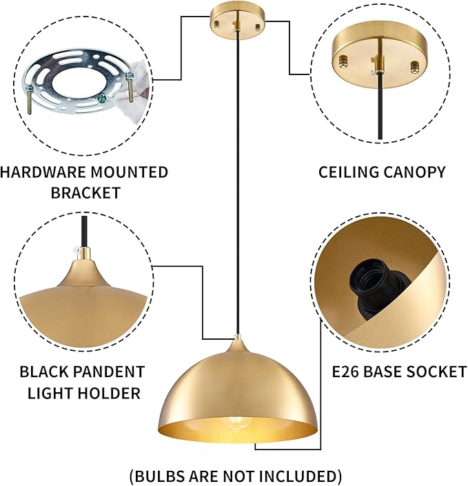 Gold-Electroplated Industrial Pendant Light 11.8inches 2 Packs,Mental Hanging Light Fixtures for Kitchen Island,Dome Pendant Light,Ceiling Light Fixtures for Restaurant Dining Room Aisle