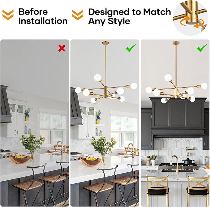 30" Modern Chandelier Ceiling Light Fixture, 8-Light Sputnik Chandeliers Brushed Gold Mid Century Chandelier Over Table, Height Adjustable Chandeliers for Dining Room Kitchen (Bulbs Not Included)
