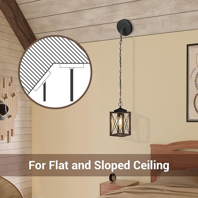 EDISHINE Farmhouse Pendant Light, Metal Hanging Light Fixture with Wooden Grain Finish, 63 Inch Adjustable Chain for Flat and Slop Ceiling, Kitchen Island, Bedroom, Dining Hall, E26 Base, 1 Pack