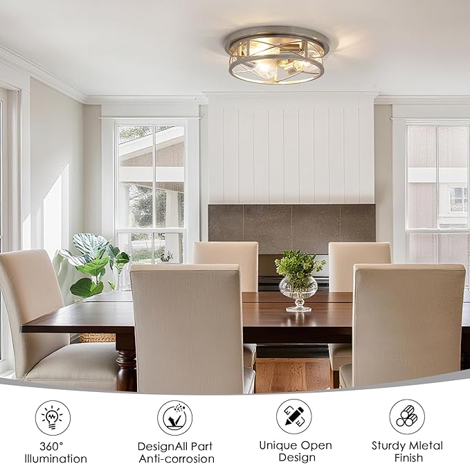 Brushed Nickel Farmhouse Ceiling Light Fixtures,3 Lights Flush Mount Ceiling Light,Bathroom Light Fixtures Ceiling Mount for Hallway Bedroom Kitchen 1 Pack