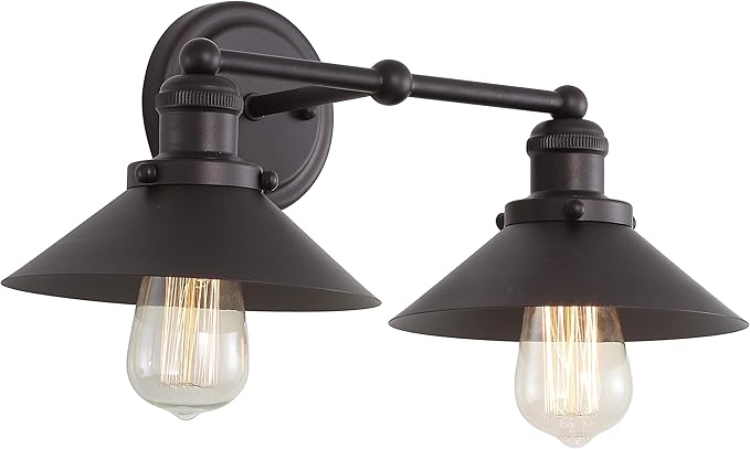 JONATHAN Y 17.5" Oil Rubbed Bronze 2-Light Industrial Farmhouse Metal Vanity Light Wall Sconce, Metal Shade for Bathroom Mirror, Kitchen, Entryway, LED Bulb Included (JYL7427A)