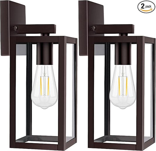 Brightever 2-Pack Outdoor Wall Light Fixtures, Brown Waterproof Anti-Rust Exterior Wall Sconce Lantern with Clear Glass, Modern Outside Front Porch Lights for House Garage Doorway, Bulbs Not Included