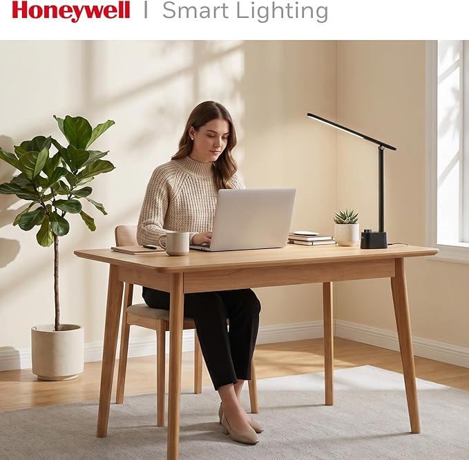 Honeywell LED Desk Lamp - Sunturalux Desk Lamps for Home Office with USB A+C Charging Ports, Stepless Dimmable Eye-Caring Foldable Desk Light for Table Bedroom Bedside Reading(Black)