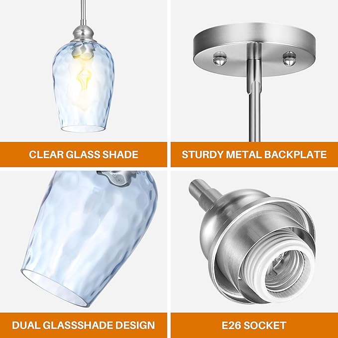 Glass Pendant Lights Kitchen Island, Blue Pendant Light Fixtures with Hand-Blown Clear Glass, Modern Hanging Light for Kitchen Sink Dining Room Bedroom, E26
