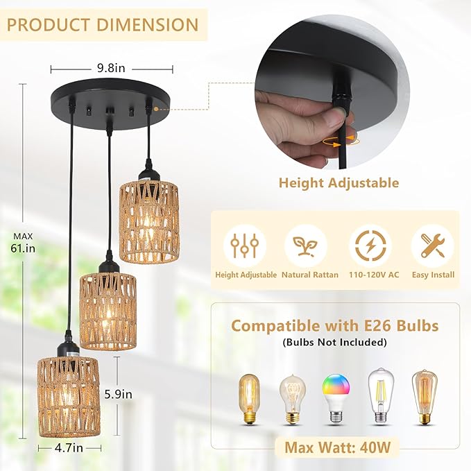 LAMSU 3 Lights Rattan Pendant Light, Farmhouse Dining Room Light Fixtures Ceiling Hanging, Boho Pendant Lighting with Hand Woven Wicker Shades for Kitchen Island Living Room Bedroom Foyer Hallway