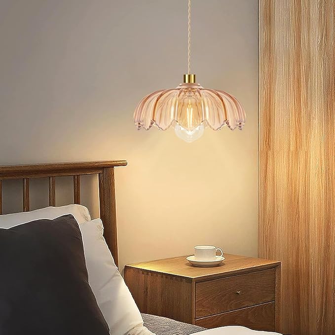 QIYIZM Plug in Pendant Light Hanging Lights with Plug in Cord Mid Century Modern Gold Hanging Lamp Glass Vintage Dimmable Flower Chandelier Ceiling Fixture for Living Room,Kitchen,Boho