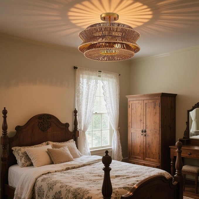 Boho 16''Coastal Rattan Semi Flush Mount Ceiling Light Farmhouse Rattan Ceiling Light Gold Nursery Ceiling Lights for Bedroom Kitchen Entryway Hallway(E26 Base)