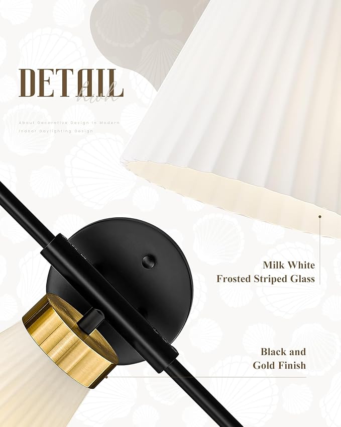 Bathroom Vanity Light, HWH 3-Light Wall Light Fixture for Bathroom Bedroom, Black and Gold Vanity Lights with Frosted Milk White Striped Glass, 5HZG97B-3W BK+BG