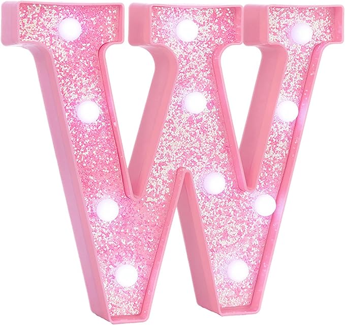Pink Marquee Light Up Letters, Glitter Alphabet LED Letter Lights for Pink Birthday Party Decorations, Battery Operated Letter Sign for Girls Room Vanity Table Decor, Cool White Lights Letter W