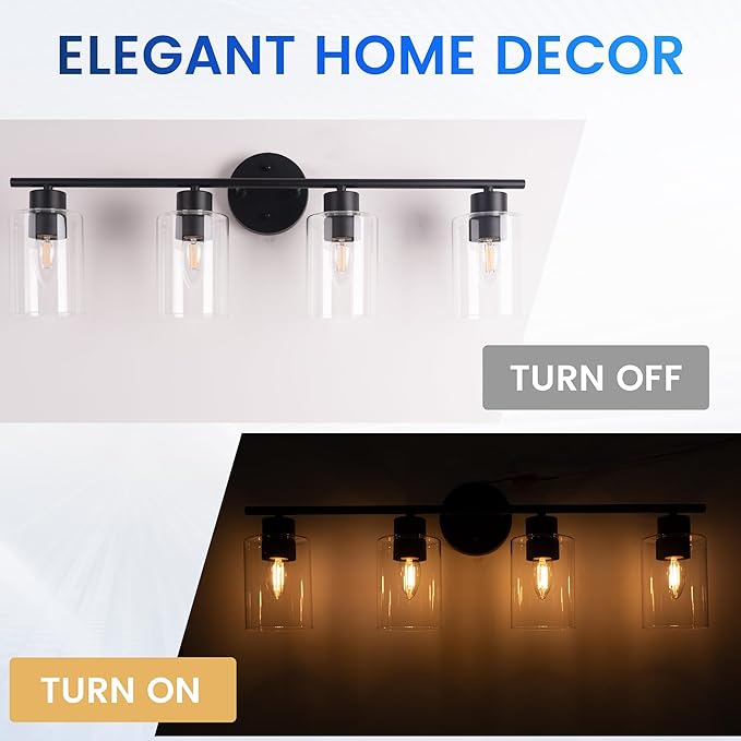 4-Light Bathroom Light Fixtures, Vanity Light with Clear Glass Shades, Matte Black Bathroom Light Fixtures Over Mirror, Modern Bathroom Wall Lamp for Mirror Living Room Cabinet Bedroom Wall Sconces