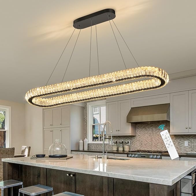 HAIXIANG LED Oval Ring Chandelier Crystal Pendant Lighting for Dining Table Kitchen Island Remote Dimmable Hanging Light Chandeliers for Entryway Living Room Lights Black