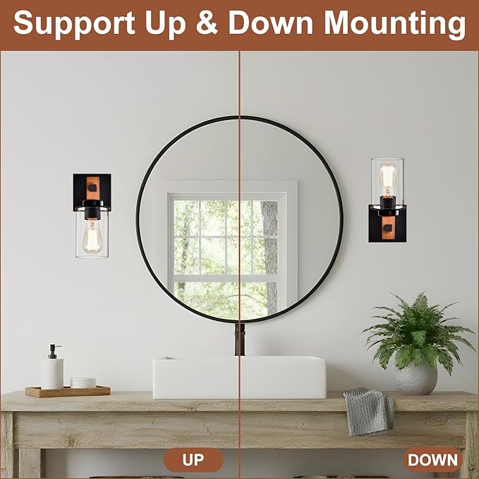 Rustic Wall Sconces Set of 2,Hardwired 1-Light Wood Farmhouse Sconce with Clear Glass Cylinder Shade,Matte Black Metal Wall Light,E26 Indoor Bathroom Vanity Fixture for Mirror,Bedroom,Hallway