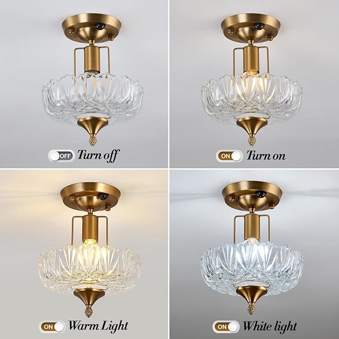 UOFUS Motion Sensor Semi Flush Mount Ceiling Light Gold Hallway Light Fixture with Clear Glass Indoor Small Chandelier for Hallway Entryway Porch Foyer Corridor