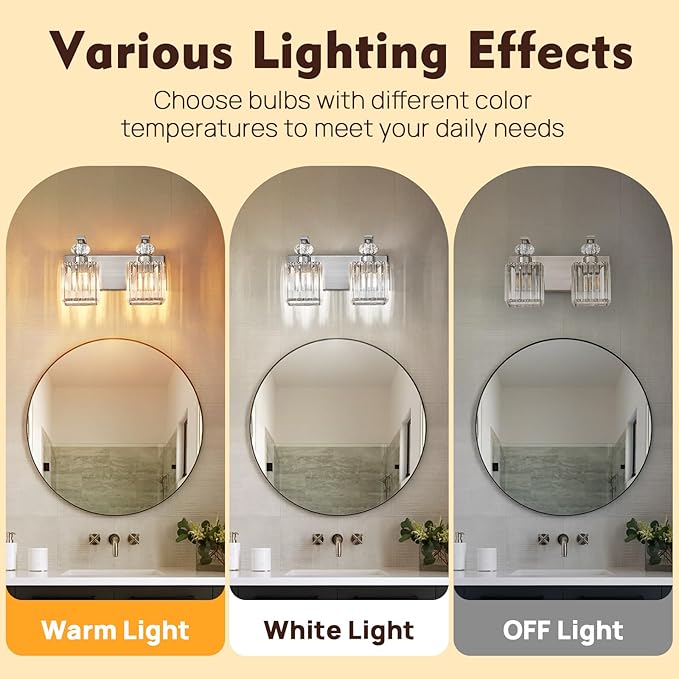 Modern Bathroom Vanity Light, 2-Light Nickel Bathroom Lighting Fixtures Over Mirror, 12.6" Crystal Wall Light Sconce for Bathroom/Bedroom/Vanity, Includes LED Bulbs, Easy Installation