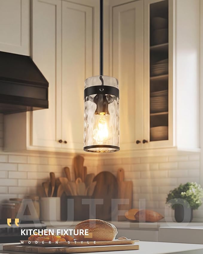 AUTELO Black Pendant Light, 1-Light Kitchen Island Pendant Lighting with Hammered Glass Shade, Industrial Hanging Ceiling Fixture with Adjustable Rods for Dining Room, Bar, Entryway, H-2529 HMBK