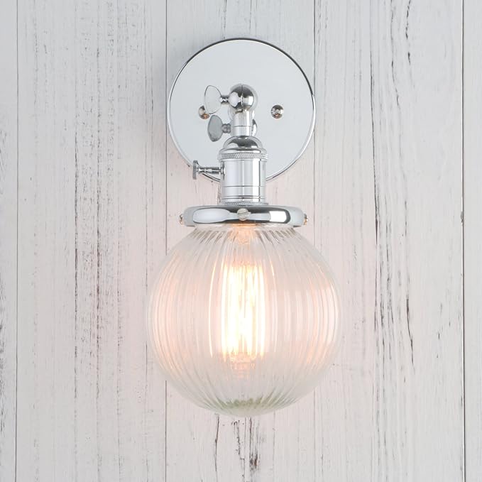 PERMO Sconce with Switch Industrial Gold Wall Sconce Lighting with Ribbed Globe Lampshade (Chrome, 1 Light-Hardwired)