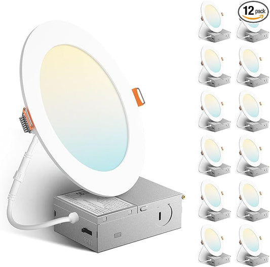 Amico 12 Pack 6 Inch 5CCT Ultra-Thin LED Recessed Ceiling Light with J-Box, 2700K/3000K/3500K/4000K/5000K Selectable, 12W=110W, Dimmable Canless Downlight, 1050LM High Brightness, ETL&FCC