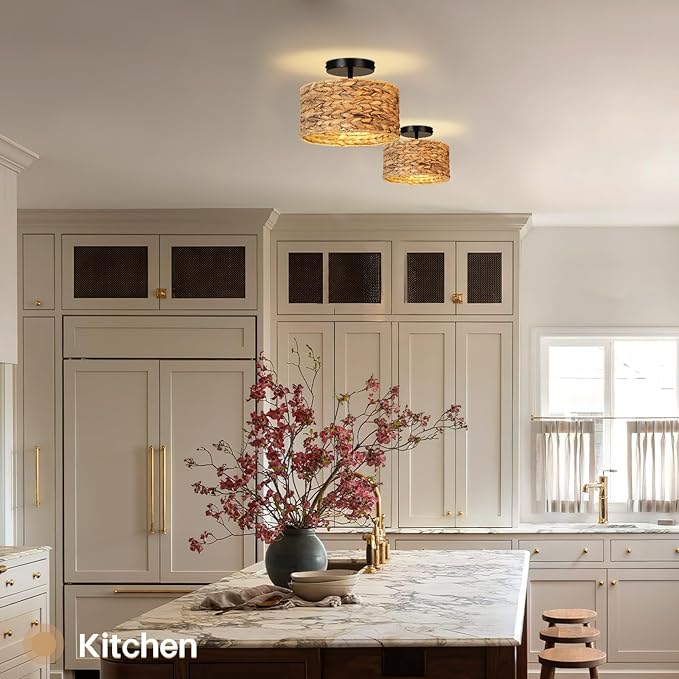 Boho Light Fixtures,11.8'' Rattan Semi Flush Mount Ceiling Lights Fixture，Farmhouse Drum Ceiling Light for Hallway Bedroom Kitchen Nursery Entryway