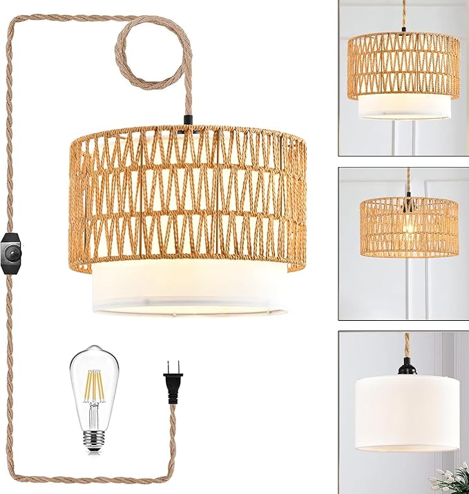 Boho Plug in Pendant Light Rattan Hanging Lights with Plug in Cord,Indoor Hanging Lamp with Dimmer Switch,Wicker Bamboo Woven LampShade Hanging Lamp Plug in for Bedroom Living Room Kitchen Island