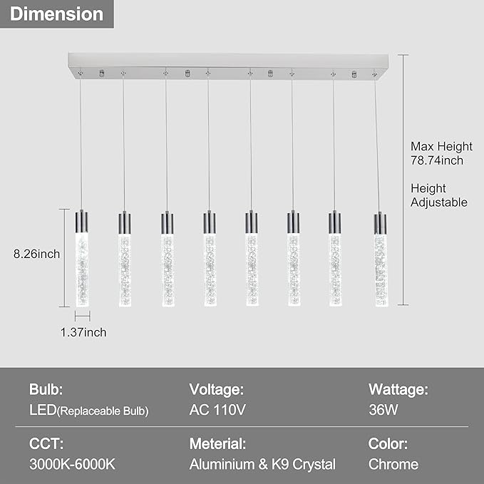 8-Light Chrome Integrated Crystal Pendant Chandelier,Dimmable LED Ceiling Light with Adjustable Height for Kitchen Island, Dining Room & Bedroom 3000K -6000K