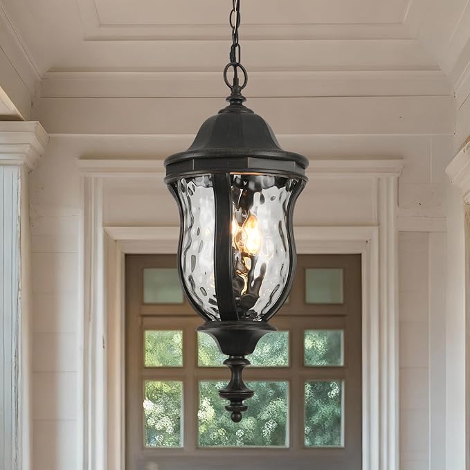 Large Outdoor Pendant Light Fixtures, 23.6'' Exterior Hanging Lantern Porch Light Adjustable, Black Brush Red Hanging Lamp Farmhouse Exterior Chandelier Ceiling Mount for Entrance Patio