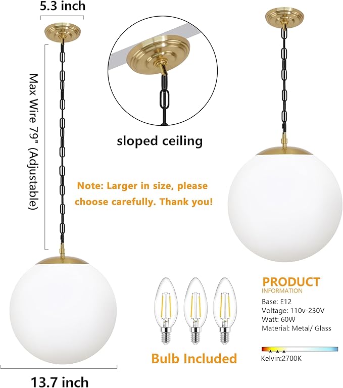 KoKo&Yukina 14" Gold Globe Pendant Light Mid Century Pendant Light Milk Glass Pendant Lights Kitchen Island Adjustable Hanging Light Fixture for Dining Room Bedroom Kitchen Islan