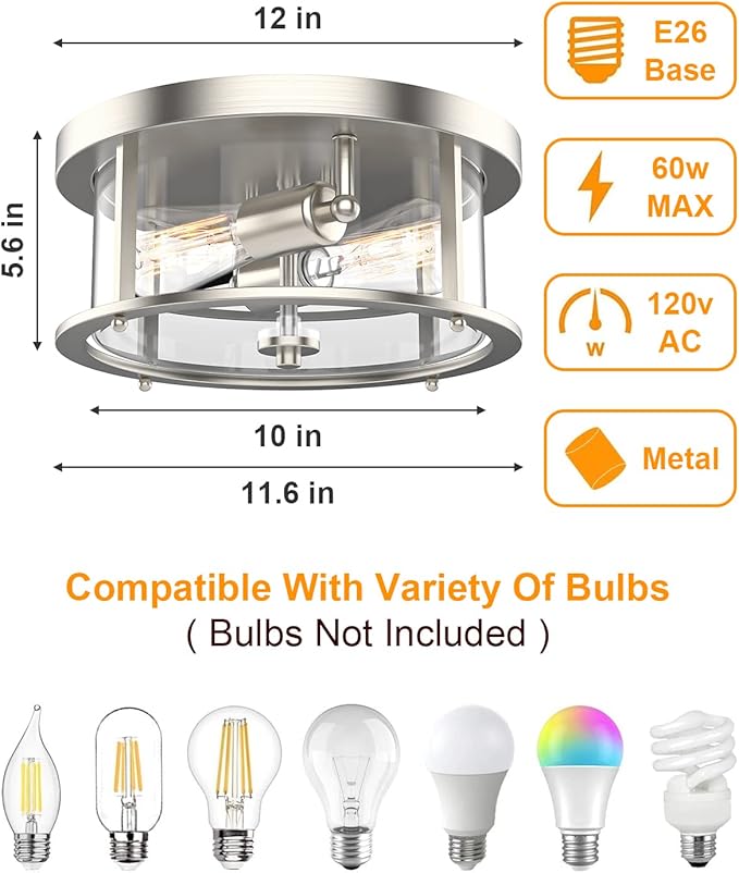 EAPUDUN Flush Mount Ceiling Light Fixtures, 12inch 2-Light Farmhouse Close to Ceiling Light Fixture with Clear Glass Shade, Brushed Nickel Finish for Porch, Entryway, Bedroom, FMA1413-BNK