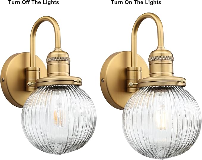 Yosoan 1-Light Brass Modern Vintage Indoor Wall Sconce, Vanity Single Luxury Hardwired Retro Textured Striped Globe Round Clear Glass Shade with Industrial Curved Rod Bathroom Lamp(Antique)