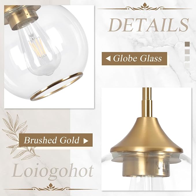 Pendant Lights Kitchen Island,Farmhouse Gold Pendant Light with Clear Glass Globe Shade,6.29" Glass Pendant Light for Finish Farmhouse Entryway Dining Room Kitchen Island 1Light