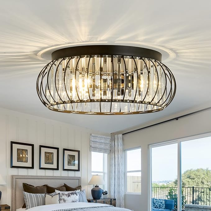 YYJLX 3 Light Flush Mount Ceiling Light Fixtures Modern Crystal Chandelier Black E26 Indoor Lighting for Hallway Bedroom Bathroom Foyer Living Room Dining Room Kitchen.