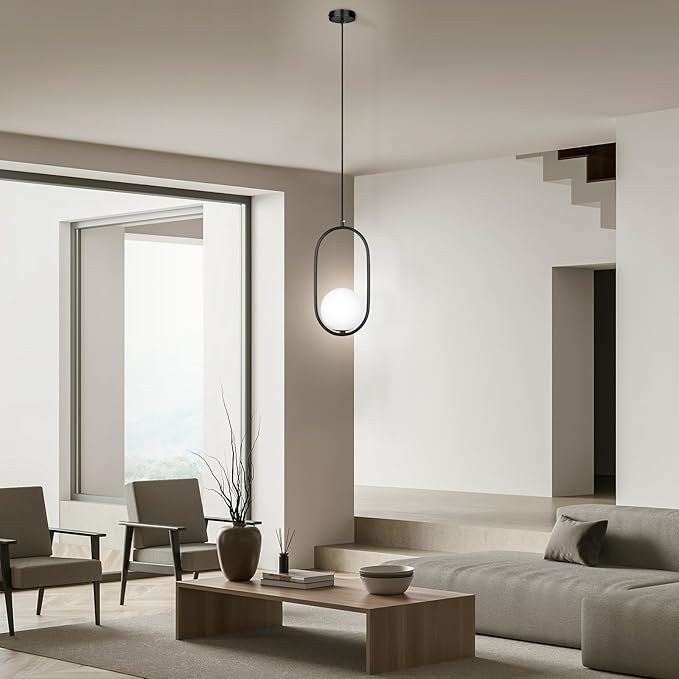 lobolighting Modern Pendant Lighting, 2 Pack Black Pendant Light Fixtures Adjustable Height Mid Century Chandelier, Frosted Glass Globe Single Hanging Light for Kitchen Island Dining Room Bedroom