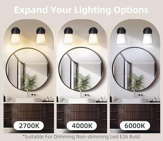 Wall Light Fixtures 2 Pack, Matte Black Vanity Lights with Milk Glass Shades, Modern Farmhouse Wall Sconces for Gallery, Mirror, Bedroom, and Bathroom