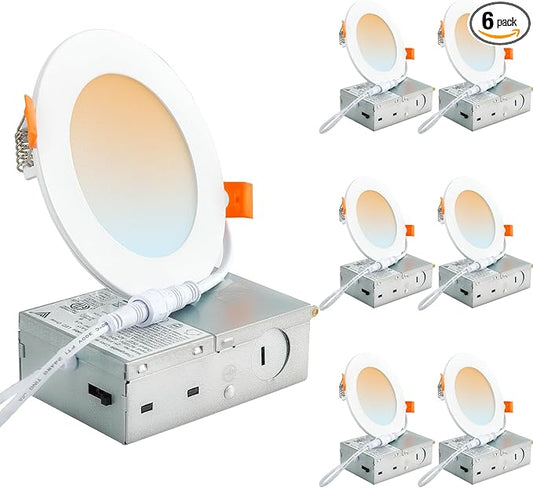 DLLT LED Recessed Lighting 4 Inch: 6 Pack Slim LED Recessed Ceiling Light for Kitchen - 5CCT Dimmable Canless Wafer Downlight for Living Room - 900LM Brightness 9W Can Lights for Bedroom ETL FCC