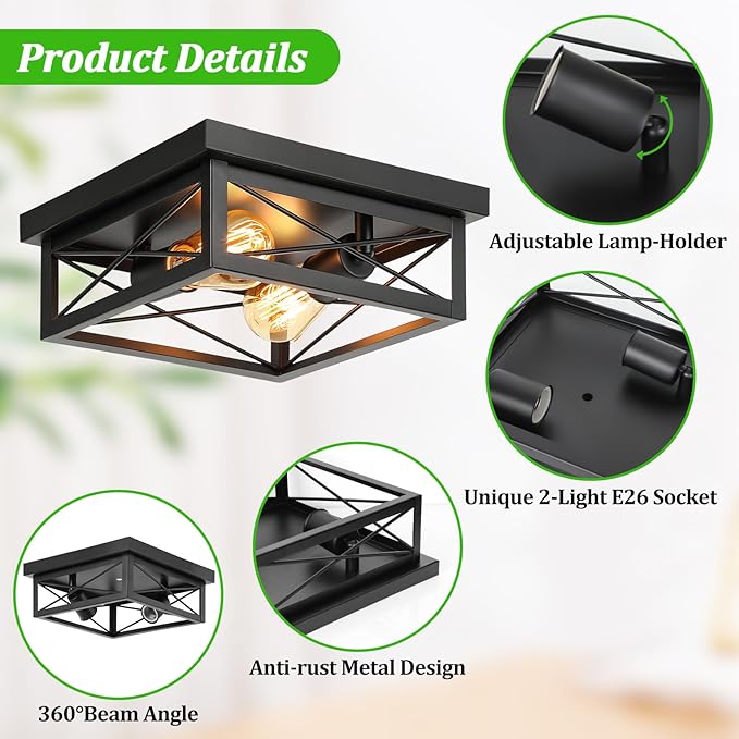 2-Light Farmhouse Ceiling Light Fixture, Industrial Square Flush Mount Ceiling Light, Modern Black Metal Hallway Ceiling Lighting Fixture for Kitchen Entryway Living Room Bathroom Porch
