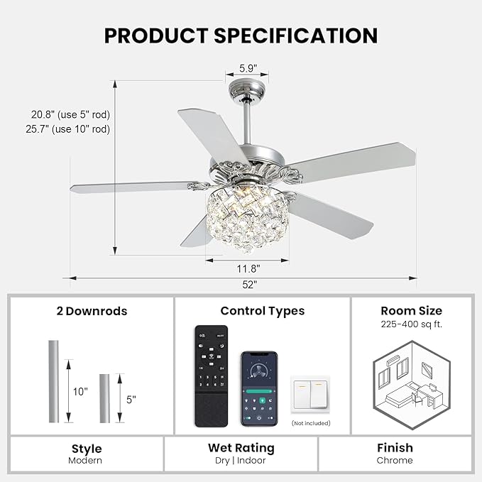 CROSSIO 52" Crystal Ceiling Fan with Light Dimmable LED Chandelier Ceiling Fan Modern Reversible Fandelier Light Fixture with Remote for Bedroom Dining Room Living Room Chrome