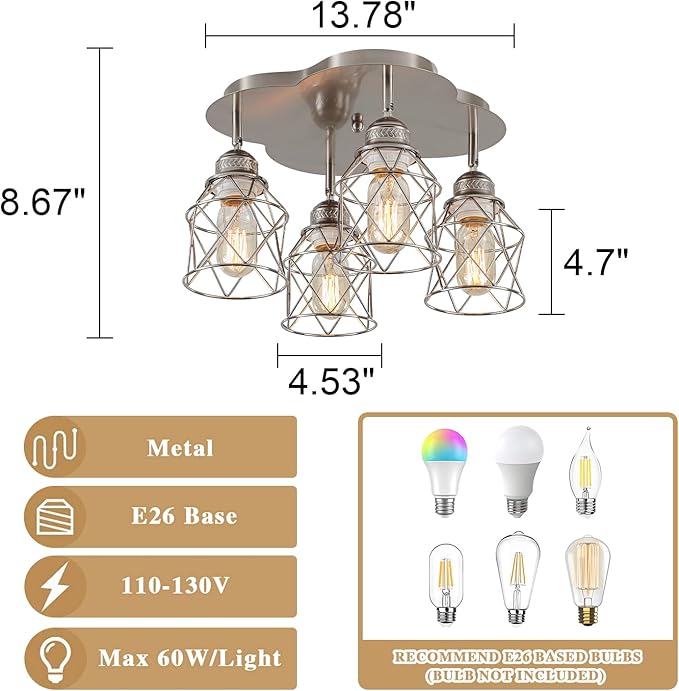4-Lights Kitchen Light Fixtures Ceiling Mount, Adjustable Multi-Directional Brushed Nickel Flush Mount Ceiling Light, Vintage Metal Cage Farmhouse Lamp for Hallway, Dining Room, Foyer, Entryway