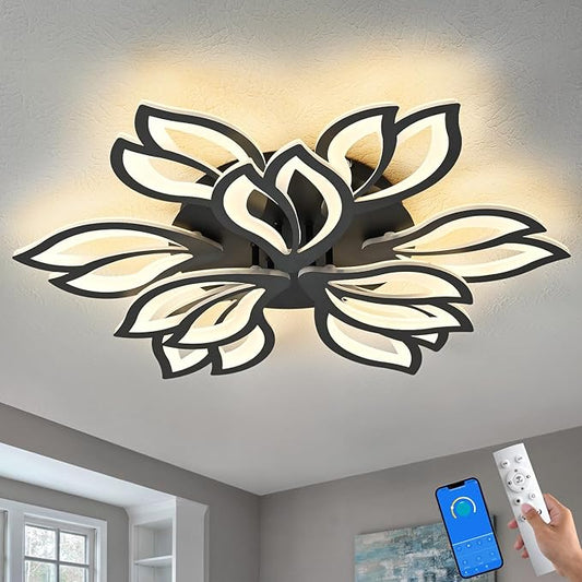 HuixuTe 28" Black Modern Flower Dimmable Ceiling Light Fixture, 9 Leaves Low Profile Flush Mount Ceiling Light for Living Room Dining Room Bedroom