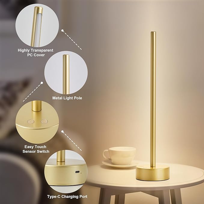 KARTOOSH Cordless LED Table Lamp, Battery Operated Portable Desk Lamp,Dimmable/3 Color/Memory Function,Modern Rechargeable Table Light for Living Room,Bedroom,Bedside,Gold