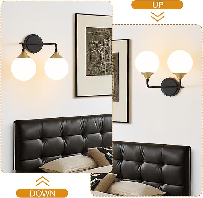 Black Gold Bathroom Light Fixtures, Modern Vanity Lighting Over Mirror, Mid Century Modern Matte Black Wall Sconce 2-Light with Milky White Glass Ball Shades