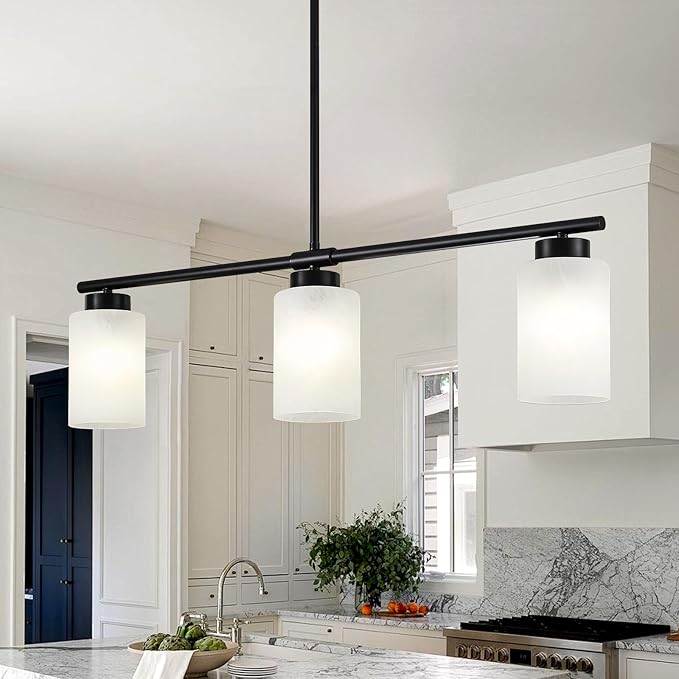 31" Kitchen Island Lighting 3 Light Black Pendant Light for Kitchen Island with Milk Glass Shade Modern Linear Chandelier Adjustable Hanging Farmhouse Light Fixtures Over Dining Table Living Room，E26