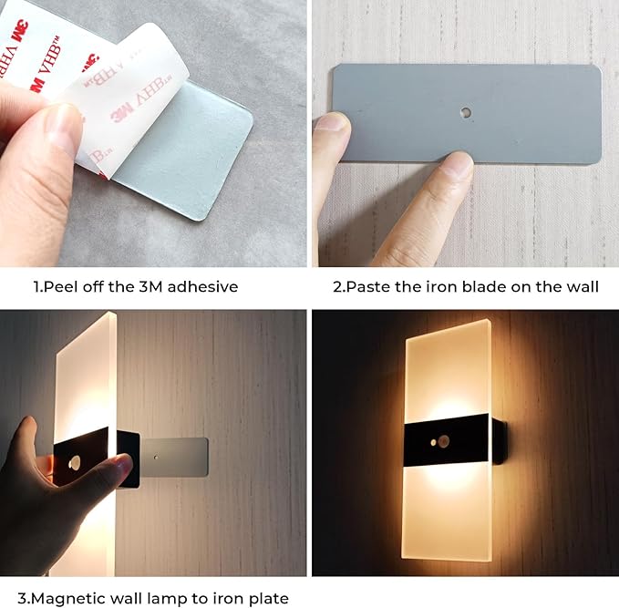 LED Wall Sconces Set of Two | Wall Lamps with 2000mAh Battery Operated,Rechargeable,Sensing Mode and Constant Light Mode,Acrylic Wall Sconce,Warm White,3000K,Cordless Wall Light (2Pcs)